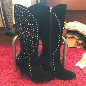 Vintage suede boots with decorative rhinestones
